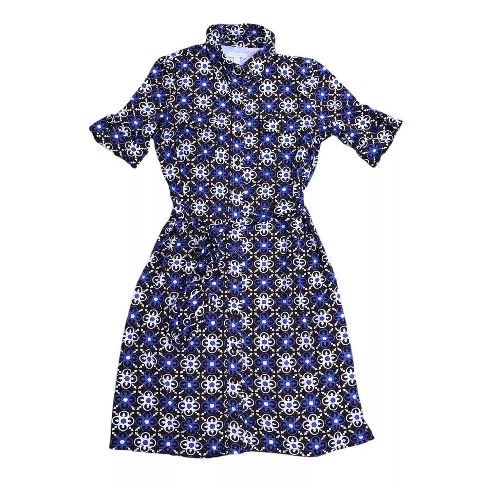 CHARTER CLUB Button Shirt Dress Women's MEDIUM Nylon Print Blue Knee Length​​